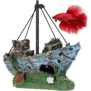 SunGrow Betta Shipwreck Resin Boat Aquarium Ornament & Fish Tank Decor