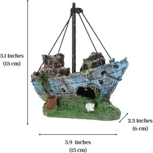 SunGrow Betta Shipwreck Resin Boat Aquarium Ornament & Fish Tank Decor