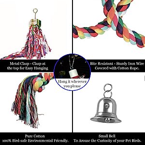 SunGrow Cockatiel & Parakeet Cotton Rope Perch for Bird Cages, Rat & Small Animal Climbing Accessories