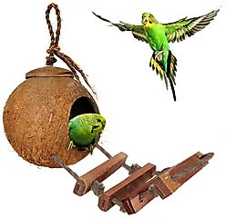 SunGrow Coconut Shell Nest & Window Feeder with Ladder Perch Cage Accessory & Hanging Parakeet, Finch & Budgie Bird House