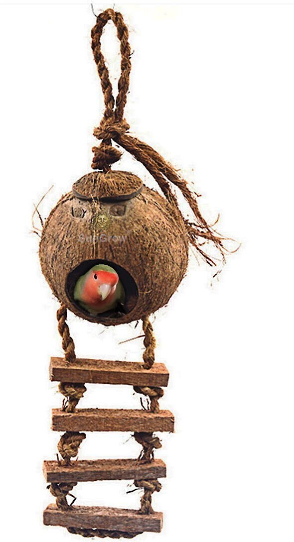 SunGrow Coconut Shell Nest & Window Feeder with Ladder Perch Cage Accessory & Hanging Parakeet, Finch & Budgie Bird House
