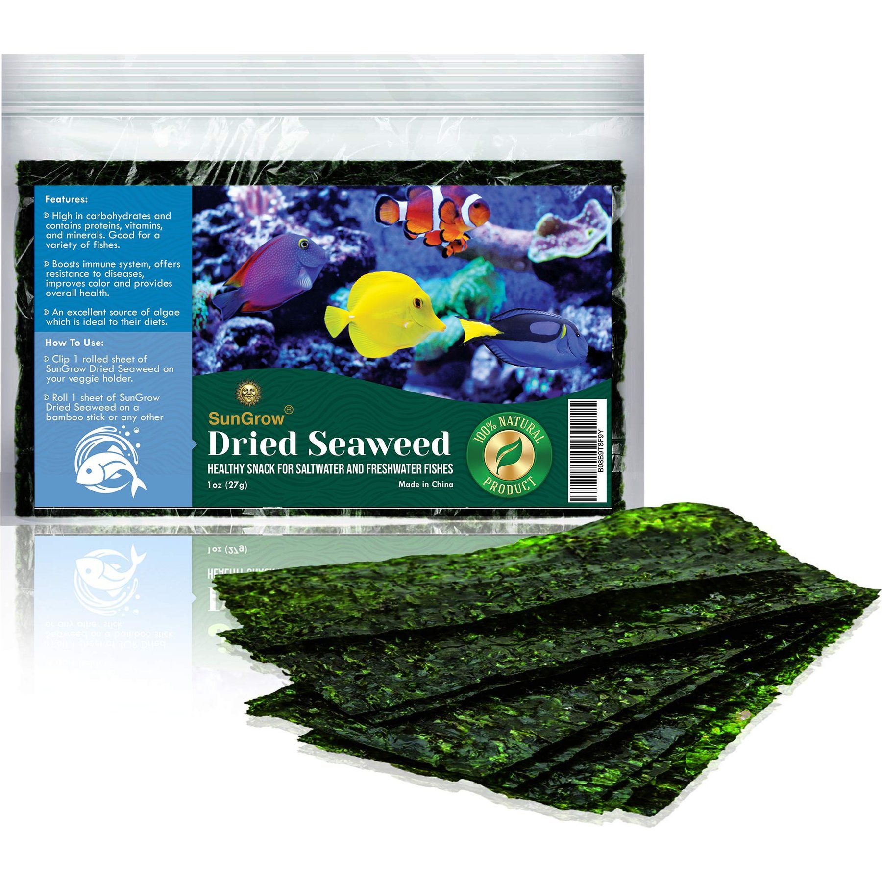 SunGrow Dried Green Seaweed Sheets Snack for Betta & Hermit Crab, Veggie Fish Food Supplement