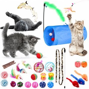 SunGrow Enrichment Toys for Cat & Ferret, Variety Pack with Crinkle, Mice & Bell Balls, Scratcher, Tunnel & Teaser Wand, 30 Count