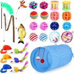 SunGrow Enrichment Toys for Cat & Ferret, Variety Pack with Crinkle, Mice & Bell Balls, Scratcher, Tunnel & Teaser Wand, 30 Count