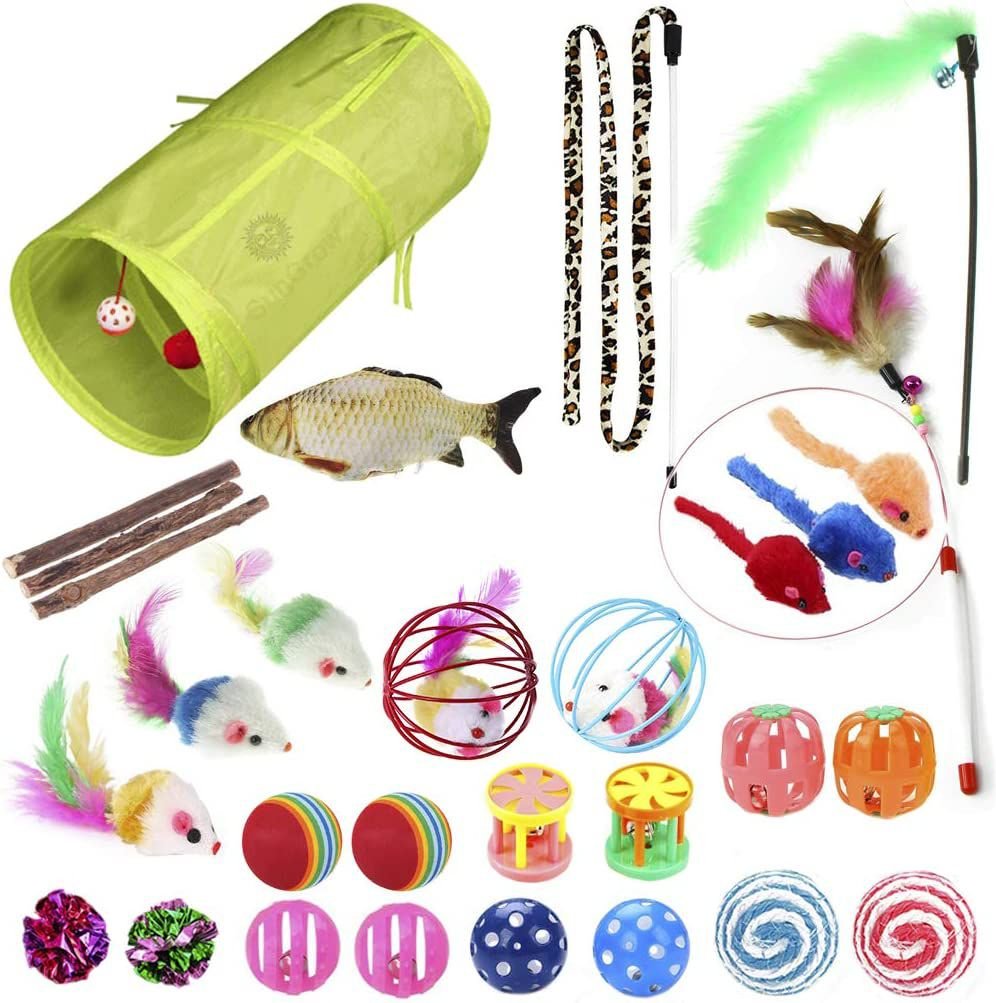 SunGrow Enrichment Toys for Cat & Ferret, Variety Pack with Crinkle, Mice & Bell Balls, Scratcher, Tunnel & Teaser Wand, 30 Count