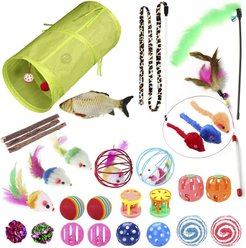 SunGrow Enrichment Toys for Cat & Ferret, Variety Pack with Crinkle, Mice & Bell Balls, Scratcher, Tunnel & Teaser Wand, 30 Count
