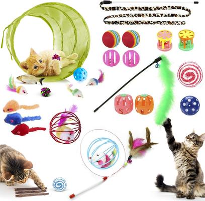 Show full view: SunGrow Enrichment Toys for Cat & Ferret, Variety Pack with Crinkle, Mice & Bell Balls, Scratcher, Tunnel & Teaser Wand, 30 Count slide 2 of 6