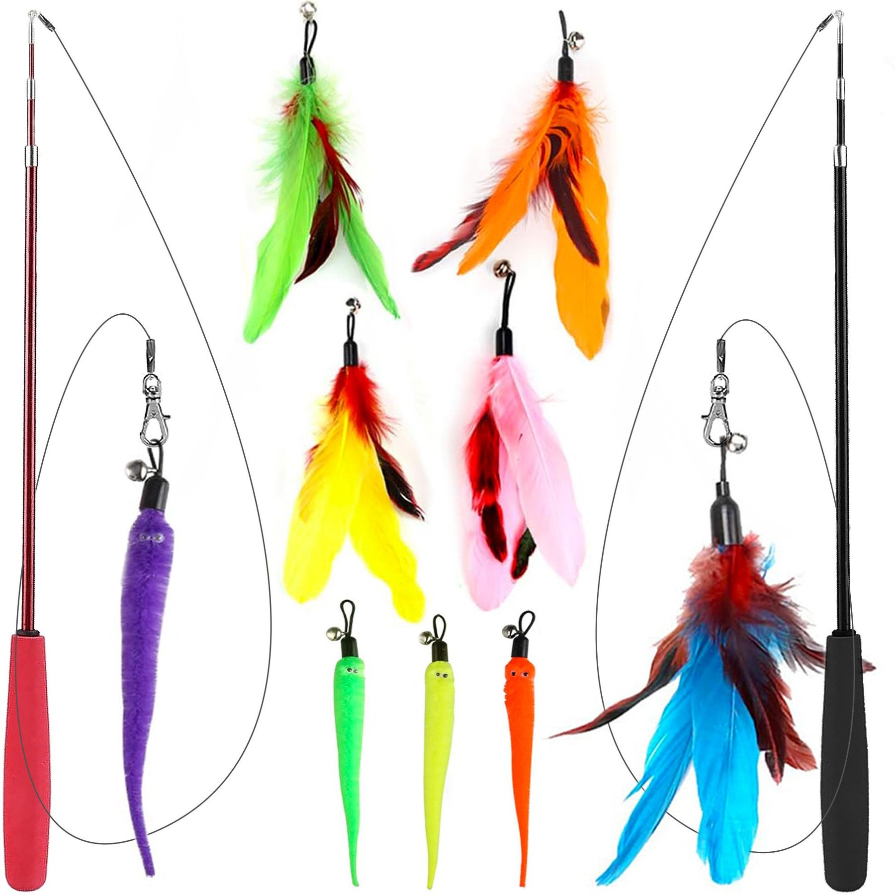 SunGrow Feather Teaser Wand & Fishing Pole Interactive Toy for Indoor Cat & Dog, 11 count
