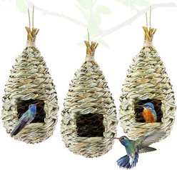 SunGrow Woven Nest, Food Feeder, Cage Accessory, Outdoor Hanging Bird House, 3 count