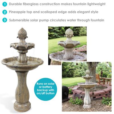 Show full view: Sunnydaze Decor 2-Tier Pineapple Solar Powered Earth Finish Bird Water Fountain with Battery Backup & Submersible Pump, Light Brown, 46-in slide 3 of 7