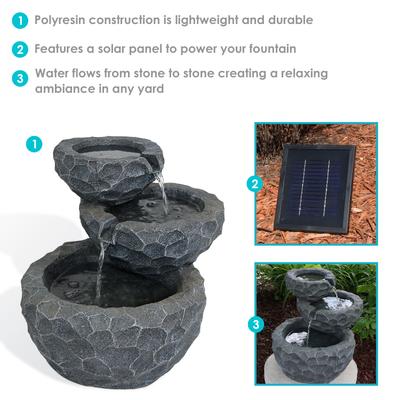 Show full view: Sunnydaze Decor 3-Tier Chiseled Basin Solar Powered Water Fountain with Battery Backup & Submersible Pump, Grey, 17-in slide 3 of 7