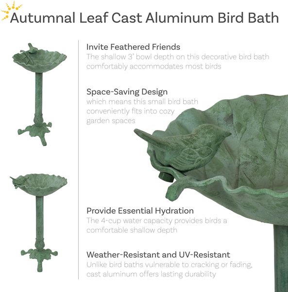 Sunnydaze Decor Autumnal Leaf Cast Aluminum Metal Bird Bath, Green Patina, 11.75-in
