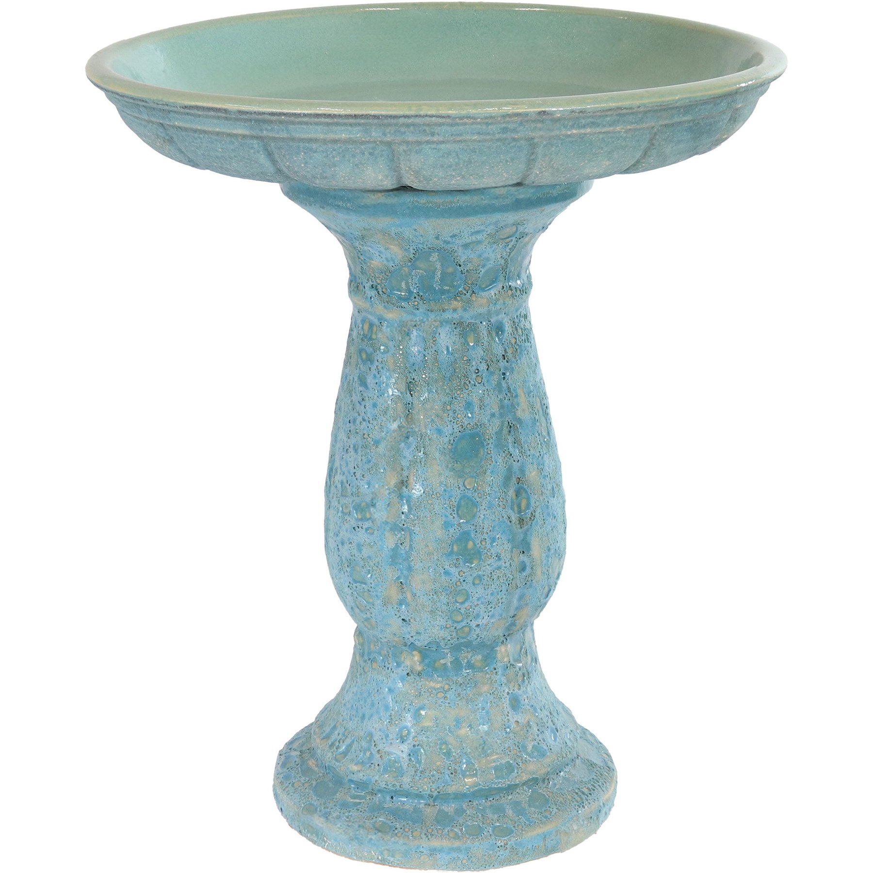 Sunnydaze Decor Avignon Ceramic Bird Bath with Lava Finish, Blue Distressed Ceramic Finish, Cyan, 18.75-in