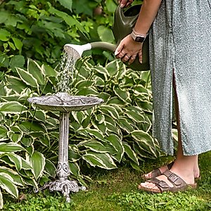 Sunnydaze Decor Bird & Blossom Cast Aluminum Metal Bird Bath, Antique Grey, 13-in