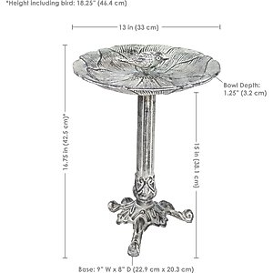 Sunnydaze Decor Bird & Blossom Cast Aluminum Metal Bird Bath, Antique Grey, 13-in
