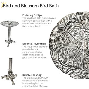 Sunnydaze Decor Bird & Blossom Cast Aluminum Metal Bird Bath, Antique Grey, 13-in