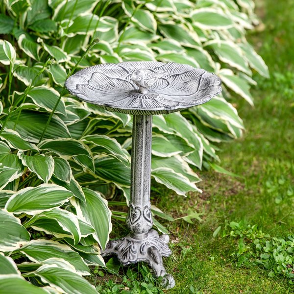 Sunnydaze Decor Bird & Blossom Cast Aluminum Metal Bird Bath, Antique Grey, 13-in