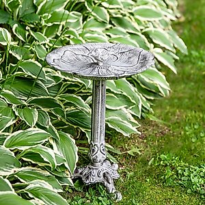 Sunnydaze Decor Bird & Blossom Cast Aluminum Metal Bird Bath, Antique Grey, 13-in