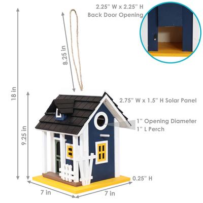 Show full view: Sunnydaze Decor Charming Cottage Wood Hanging Bird House with Solar Light Blue, Dark Blue, 9.25-in slide 4 of 7