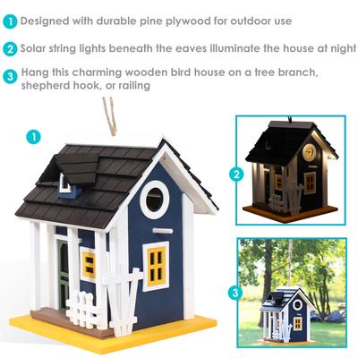 Show full view: Sunnydaze Decor Charming Cottage Wood Hanging Bird House with Solar Light Blue, Dark Blue, 9.25-in slide 3 of 7