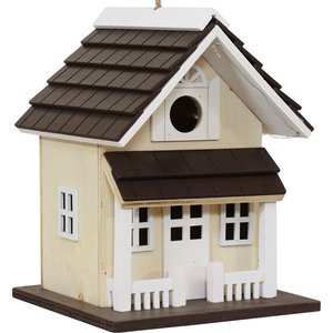 Sunnydaze Decor Cozy Home Wooden Hanging Bird House with Solar String Lights, Light Cream