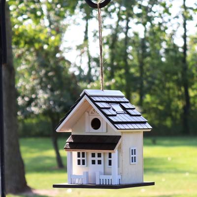 Show full view: Sunnydaze Decor Cozy Home Wooden Hanging Bird House with Solar String Lights, Light Cream slide 2 of 6