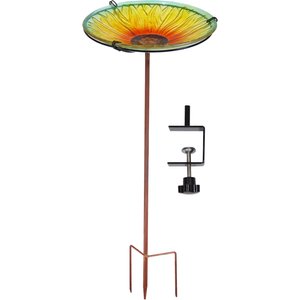 Sunnydaze Decor Deck-Mounted Glass Blooming Sunflower Bird Bath with Stake, Yellow