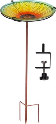 Show full view: Sunnydaze Decor Deck-Mounted Glass Blooming Sunflower Bird Bath with Stake, Yellow slide 1 of 6