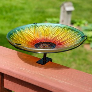 Sunnydaze Decor Deck-Mounted Glass Blooming Sunflower Bird Bath with Stake, Yellow