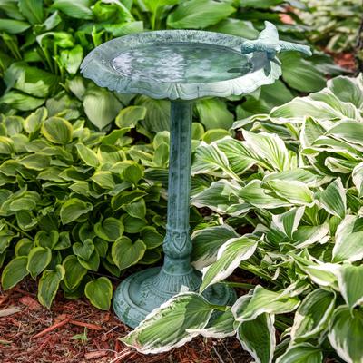 Show full view: Sunnydaze Decor Garden Visitor Cast Aluminum Metal Bird Bath, Green Patina, 15-in slide 2 of 10