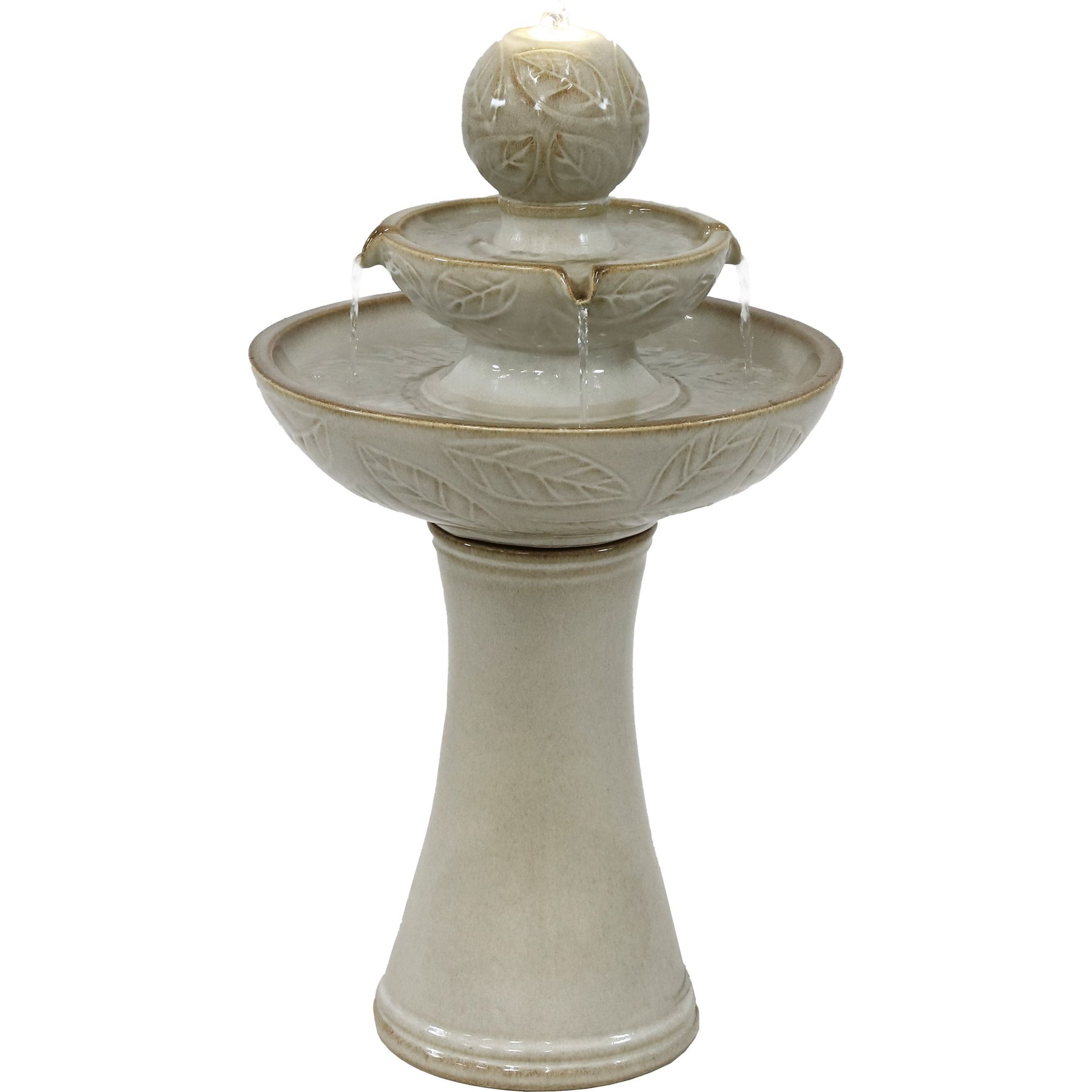 Sunnydaze Decor Gentle Glow 2-Tier Ceramic Bird Fountain with LED Lights, Off-White, 26.5-in