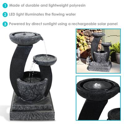 Show full view: Sunnydaze Decor Modern Cascading Bowls Solar Powered Bird Water Fountain with Battery Backup, LED Lights & Submersible Pump, Black, 28-in slide 3 of 6
