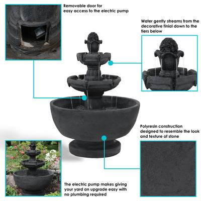 Show full view: Sunnydaze Decor Polyresin 3-Tier Budding Fruition Bird Water Fountain, Dark Grey, 34-in slide 3 of 7