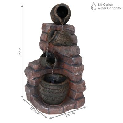 Show full view: Sunnydaze Decor Polyresin Crumbling Bricks & Pots Solar Cascading Bird Water Fountain with LED Lights & Battery Backup, 27-in slide 4 of 7