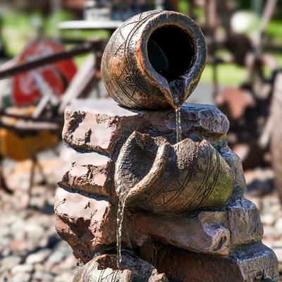 Show full view: Sunnydaze Decor Polyresin Crumbling Bricks & Pots Solar Cascading Bird Water Fountain with LED Lights & Battery Backup, 27-in slide 5 of 7