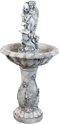 Sunnydaze Decor Polyresin Fairy Flower Solar Powered Bird Water Fountain Feature with Battery Backup, Light Grey, 42-in