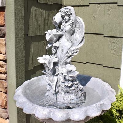 Show full view: Sunnydaze Decor Polyresin Fairy Flower Solar Powered Bird Water Fountain Feature with Battery Backup, Light Grey, 42-in slide 5 of 7