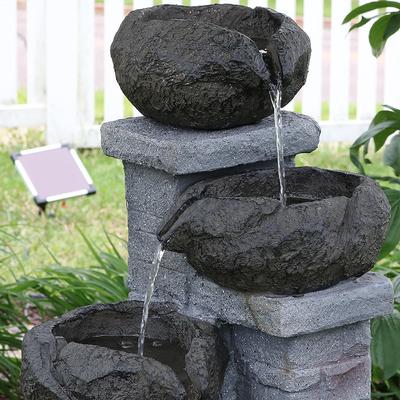 Show full view: Sunnydaze Decor Polyresin Solar Powered Stone Bowls Bird Water Fountain with LED Lights & Backup Battery, Brown, 30-in slide 6 of 9