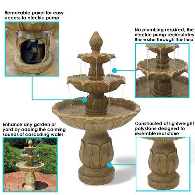 Show full view: Sunnydaze Decor Polystone 3-Tier Classic Tulip Garden Stone Finish Bird Water Fountain, Light Brown, 46-in slide 3 of 8