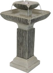 Sunnydaze Decor Resin 2-Tier Square Bird Bath Water Fountain with LED Lights, Grey, 26-in
