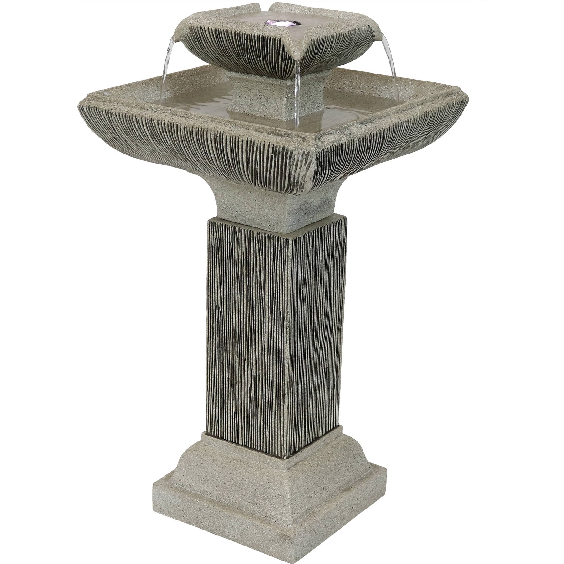 Sunnydaze Decor Resin 2-Tier Square Bird Bath Water Fountain with LED Lights, Grey, 26-in