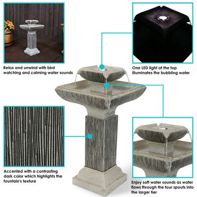 Show full view: Sunnydaze Decor Resin 2-Tier Square Bird Bath Water Fountain with LED Lights, Grey, 26-in slide 3 of 8