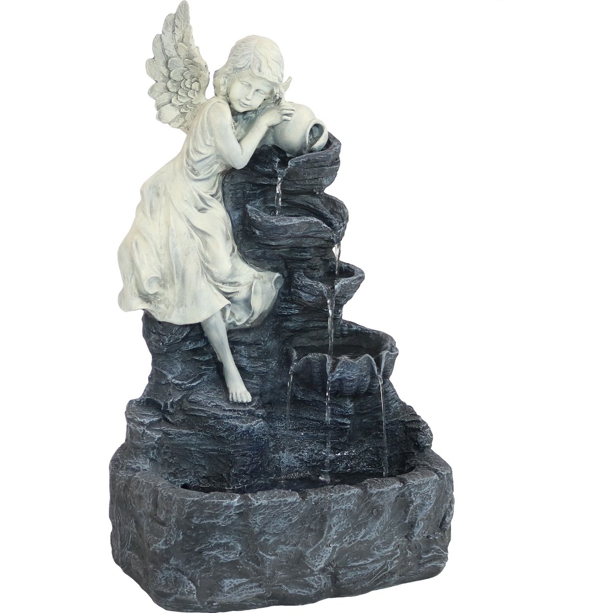 Sunnydaze Decor Solar Powered Angel Falls Water Fountain with Battery Backup & Submersible Pump, Grey, 27-in