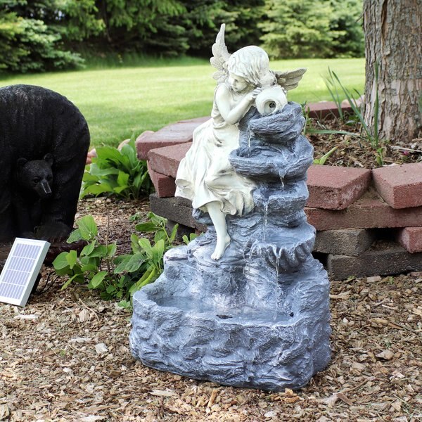 Sunnydaze Decor Solar Powered Rock Falls Bird Water Fountain with Battery Backup, LED Lights & Submersible Pump, 22-in, Dark Brown