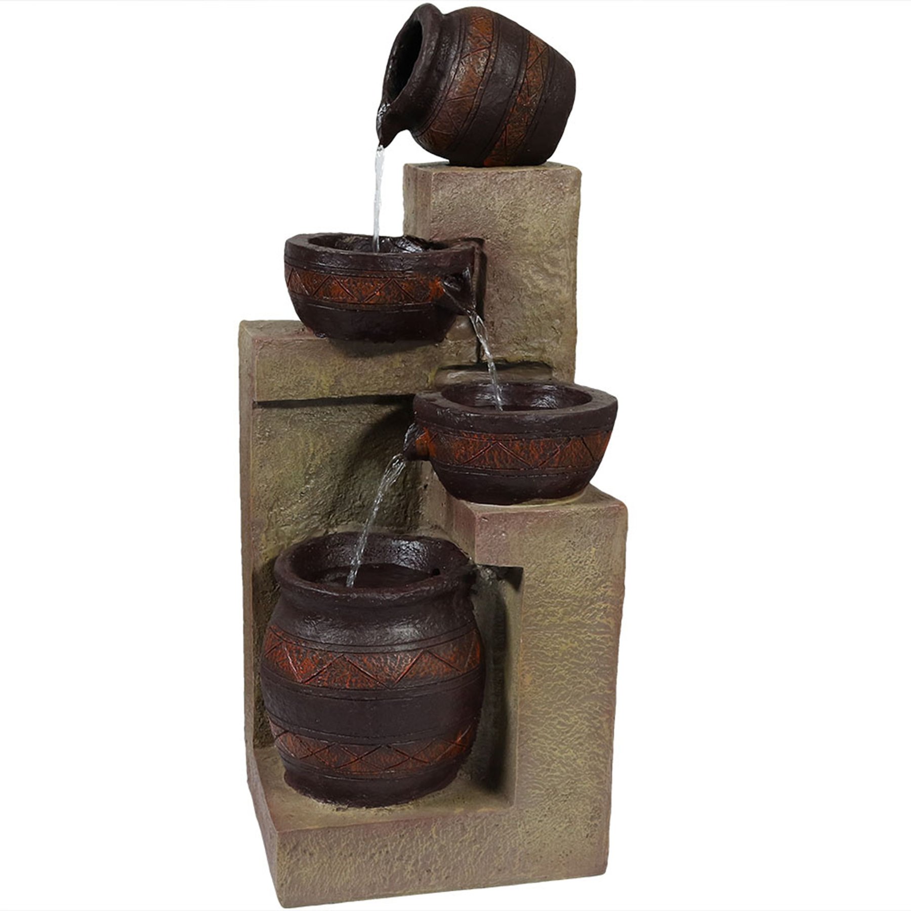 Sunnydaze Decor Solar Powered Cascading Terra Bowls Bird Water Fountain with Battery Backup & LED Lights, Brown, 30-in