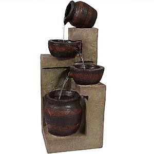 Sunnydaze Decor Solar Powered Cascading Terra Bowls Bird Water Fountain with Battery Backup & LED Lights, Brown, 30-in