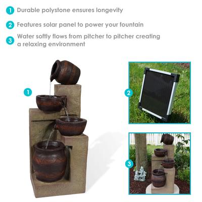 Show full view: Sunnydaze Decor Solar Powered Cascading Terra Bowls Bird Water Fountain with Battery Backup & LED Lights, Brown, 30-in slide 3 of 8