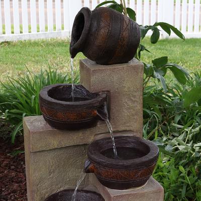 Show full view: Sunnydaze Decor Solar Powered Cascading Terra Bowls Bird Water Fountain with Battery Backup & LED Lights, Brown, 30-in slide 5 of 8