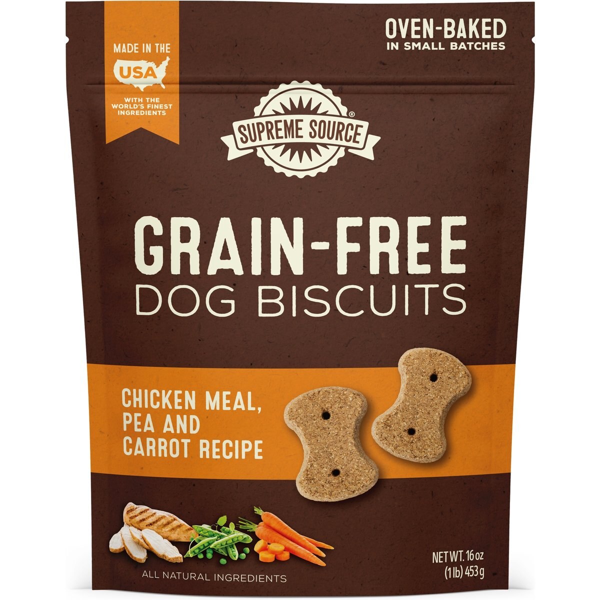 Supreme Source Grain-Free Chicken Meal, Pea & Carrot Biscuits Dog Treats, 16-oz bag