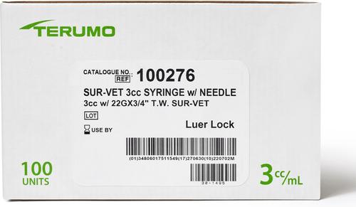 Show full view: Sur-Vet Terumo Luer Lock Tip 3-cc Syringes with T.W. Needle, 22G x 0.75 in., 100 count slide 3 of 4
